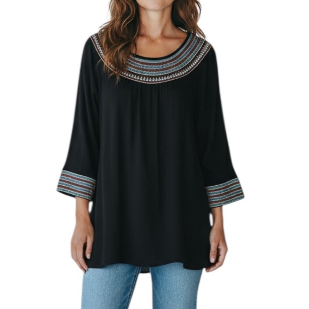 The Metropolitan Museum Of Art Southwestern Aztec 3/4 Sleeve Tunic Top XL Black